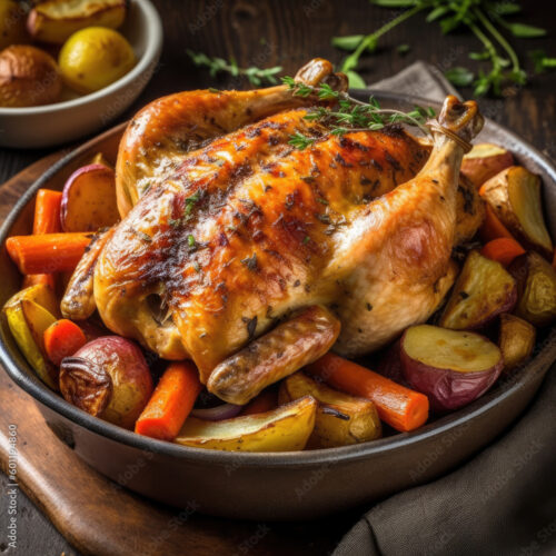 roasted chicken with vegetables and legumes, carrots, onions, potatoes, sweet potatoes, rosemary on a table with Generative AI