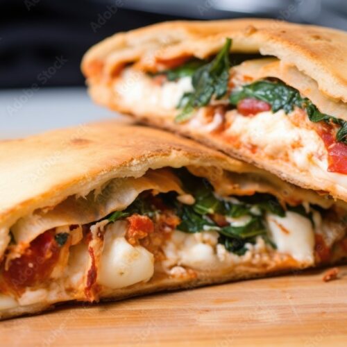 calzone folded pizza cut in half, revealing its filling
