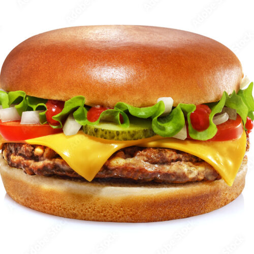 Cheeseburger isolated on white background. Sesame free bun.