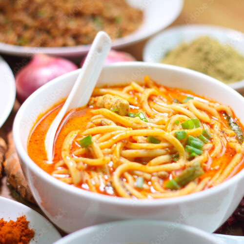 Hot and spicy curry noodle on the table