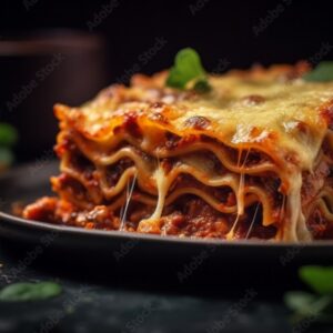 Macro detail close-up photography of a tempting lasagna on a metal tray against a velvet background. With generative AI technology