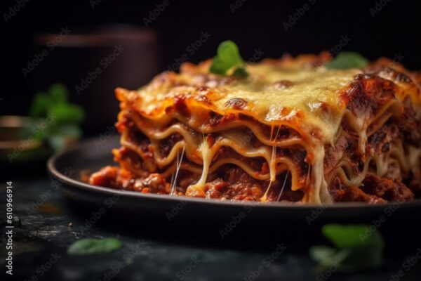 Macro detail close-up photography of a tempting lasagna on a metal tray against a velvet background. With generative AI technology