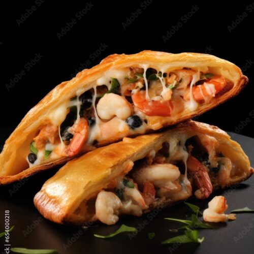 Unleash your inner seafood lover with a calzone featuring a seafood medley of succulent shrimp, tender squid rings, and plump, juicy mussels, delicately balanced with a velvety blend of