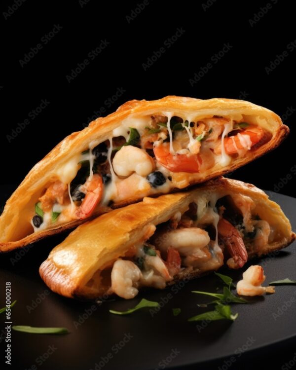 Unleash your inner seafood lover with a calzone featuring a seafood medley of succulent shrimp, tender squid rings, and plump, juicy mussels, delicately balanced with a velvety blend of